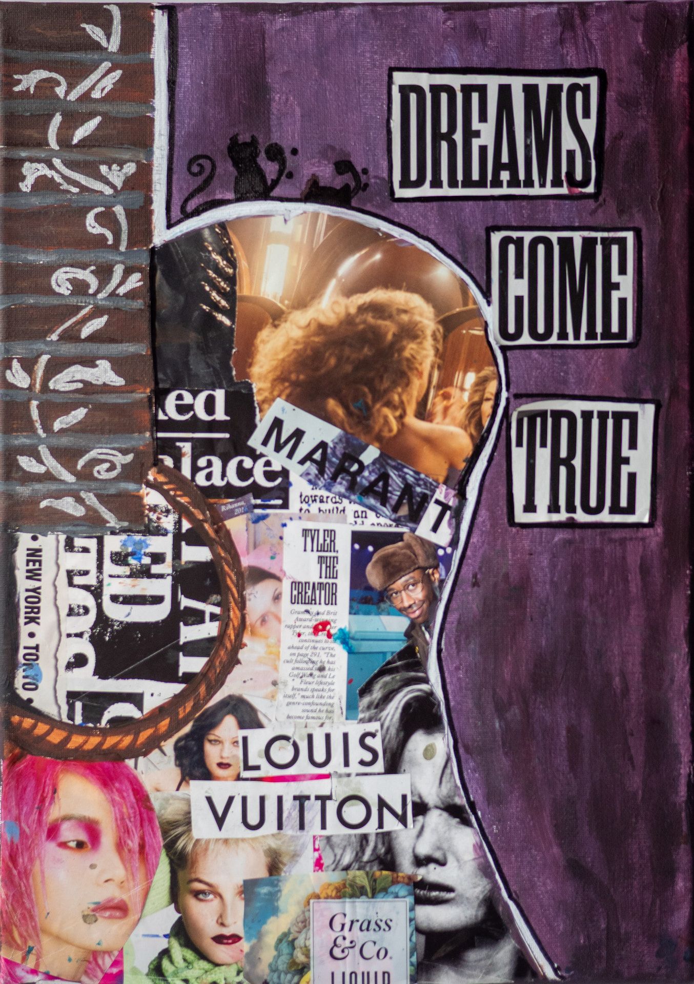 A collage canvas reading Dreams Come True