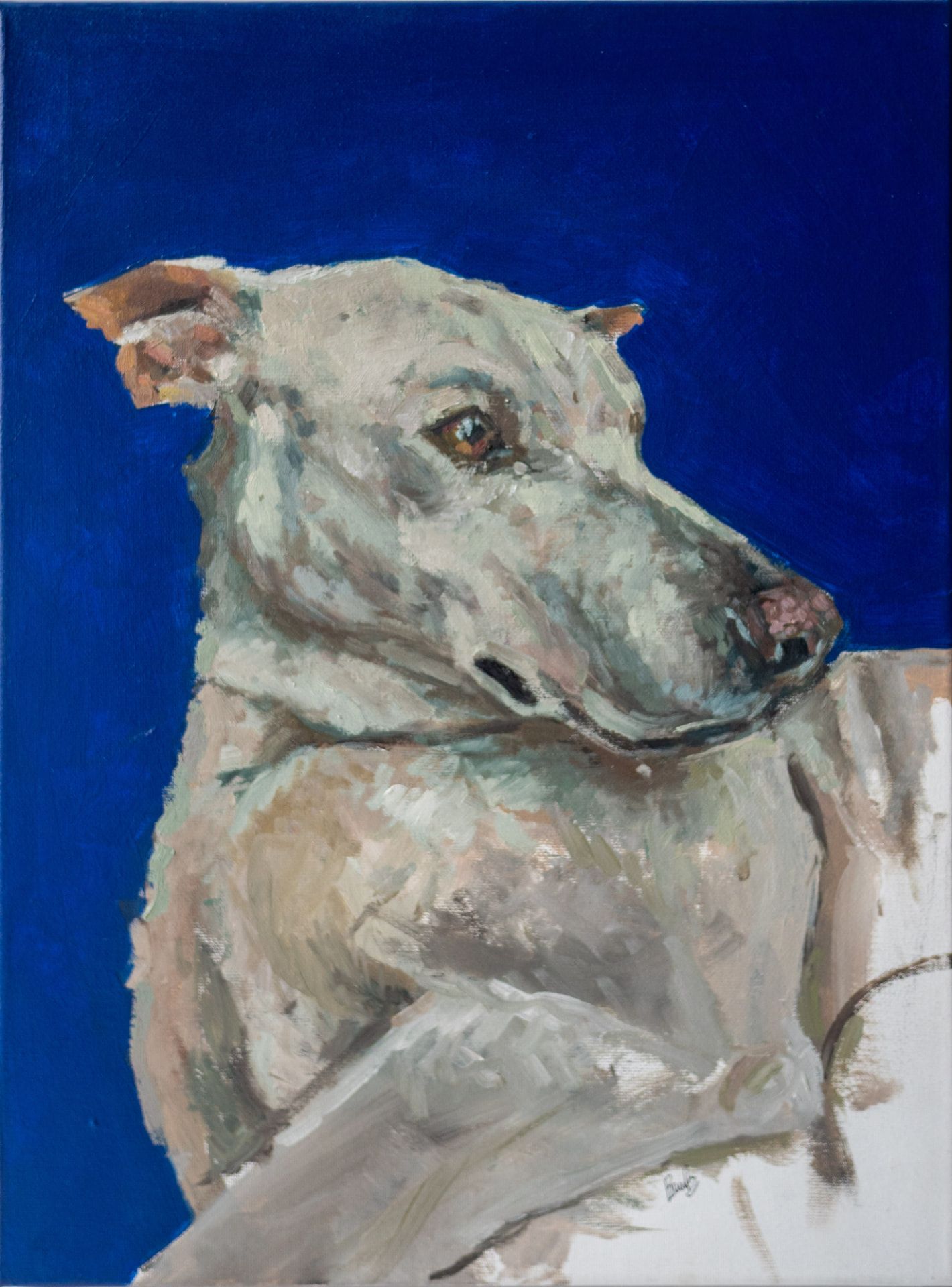 An oil painting of a white dog against a deep blue background