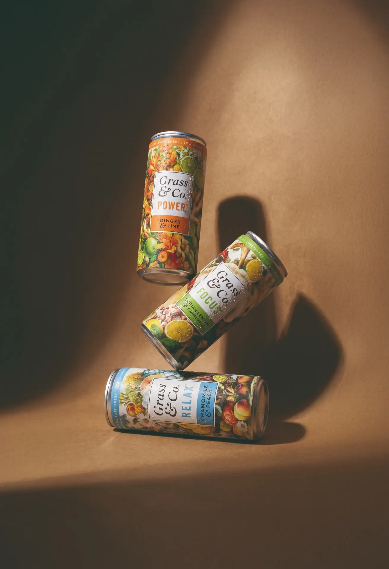Grass & Co. functional drinks, FOCUS, RELAX and POWER cans with fresh botanicals