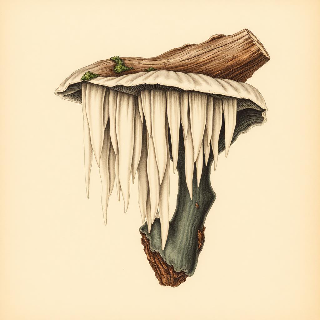 Botanical plate of Lion's Mane, Hericium erinaceus