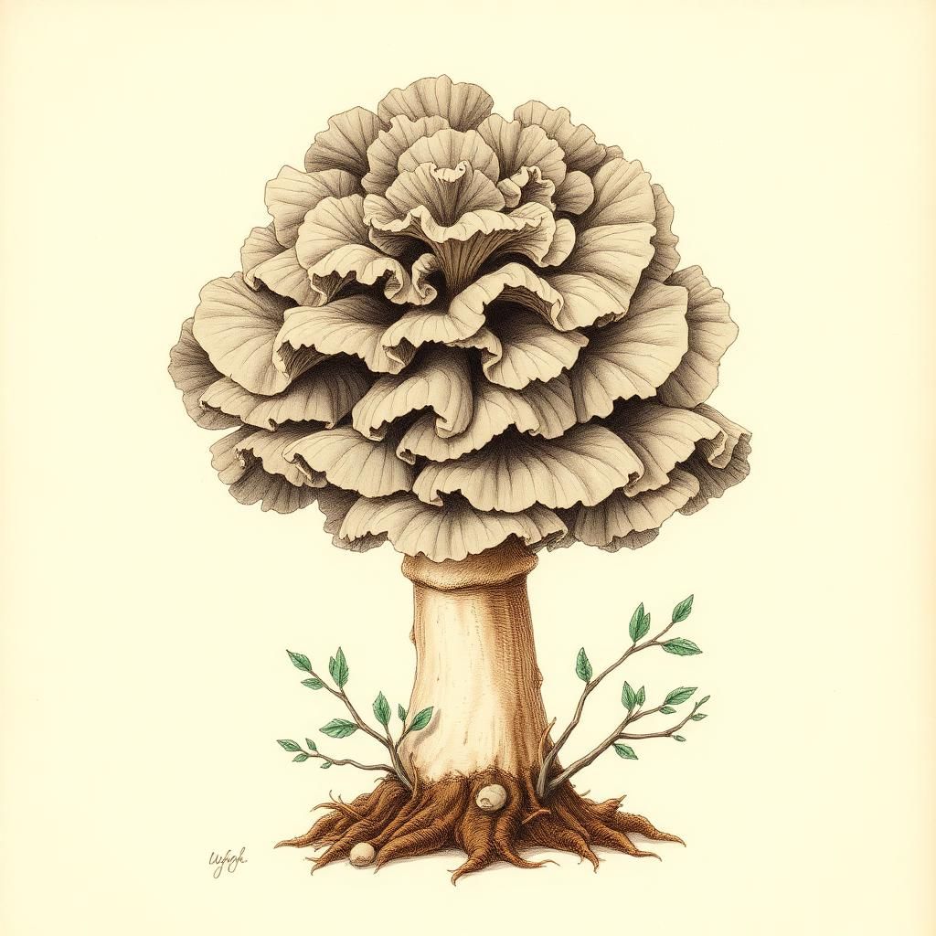 Botanical plate of Maitake, Grifola frondosa